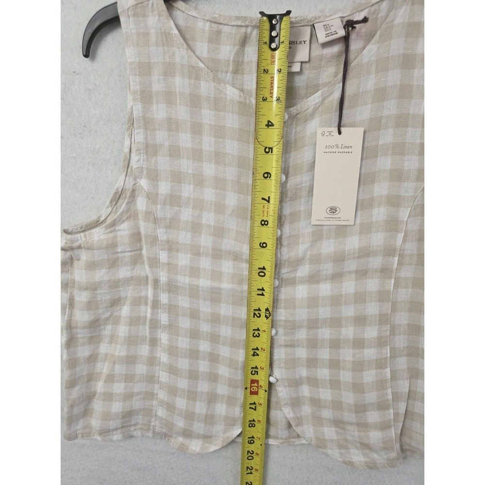 Laura Ashley NWT Women's L Beige Gingham 100% Linen Sleeveless Button-Up Vest - Picture 8 of 9